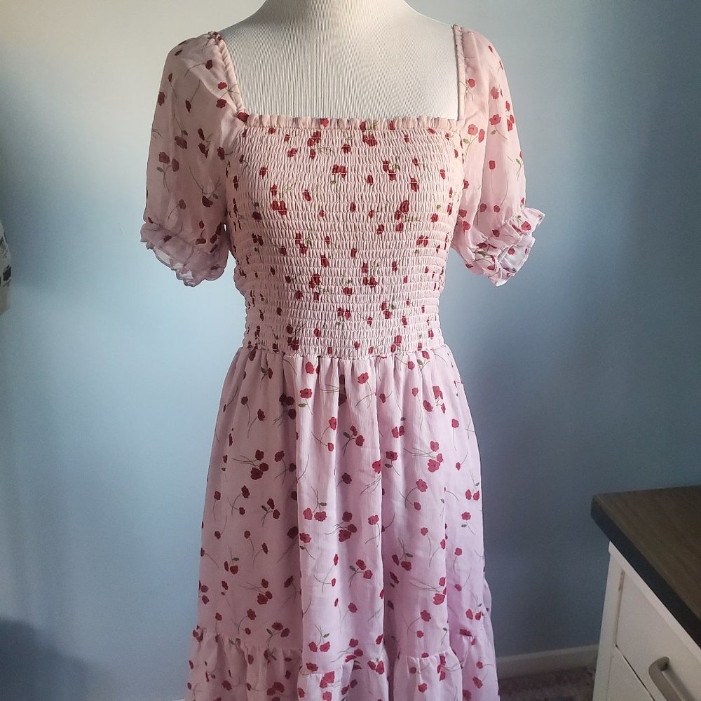 Light Pink Searsucker Dress with Red Flowers